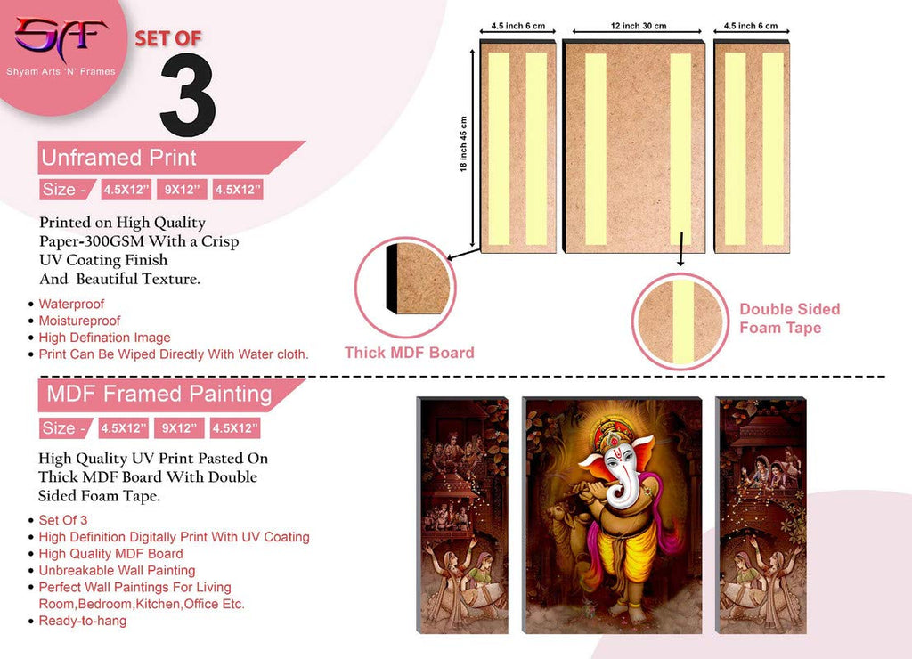 SAF Wood Sanfjm31263 Ganesha Modern Art Uv Textured Self Adhesive Painting (Set Of 3, 18" X 12", Multicolor)