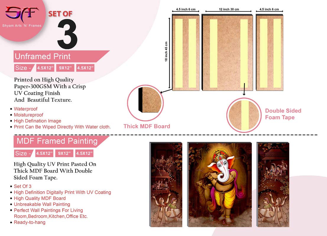 SAF Wood Sanfjm31263 Ganesha Modern Art Uv Textured Self Adhesive Painting (Set Of 3, 18" X 12", Multicolor)