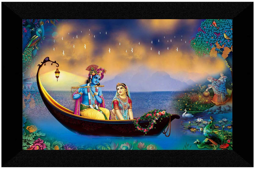 SAF paintings Radha Krishna sitting on boat Painting UV Textured Home Decorative Gift Item with Synthetic Frame