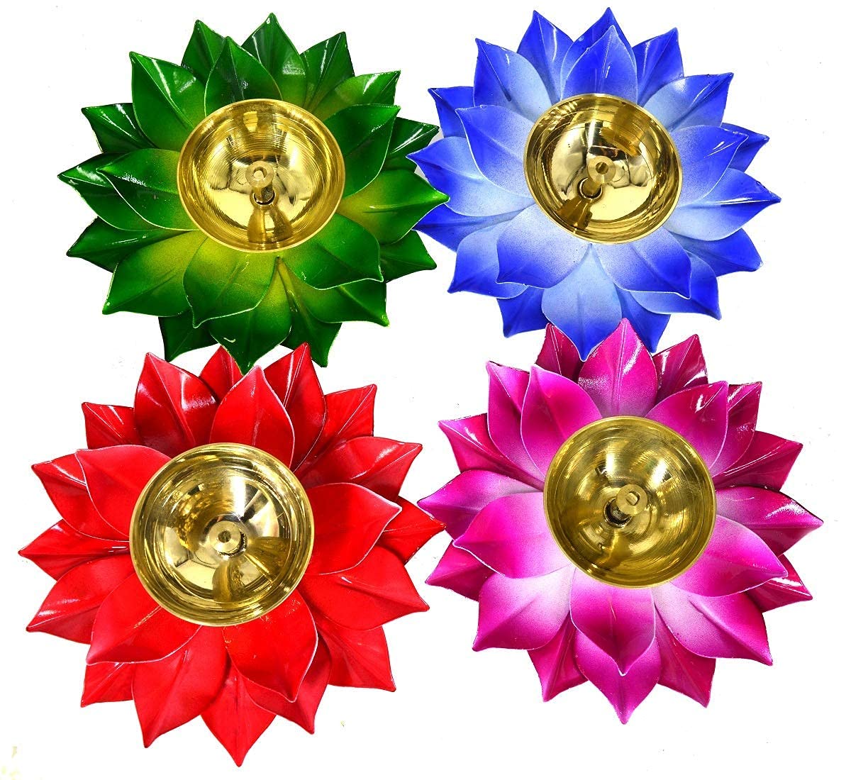 EIN SOF Brass Diyas for Puja – Lotus Lamps for Home & Diwali Decoration, Akhand Jyoti Stand with Gift Cover, 5 inches Kamal Design Pooja Oil & Camphor Diya, Blue Orange Pink & Yellow, Pack of 4