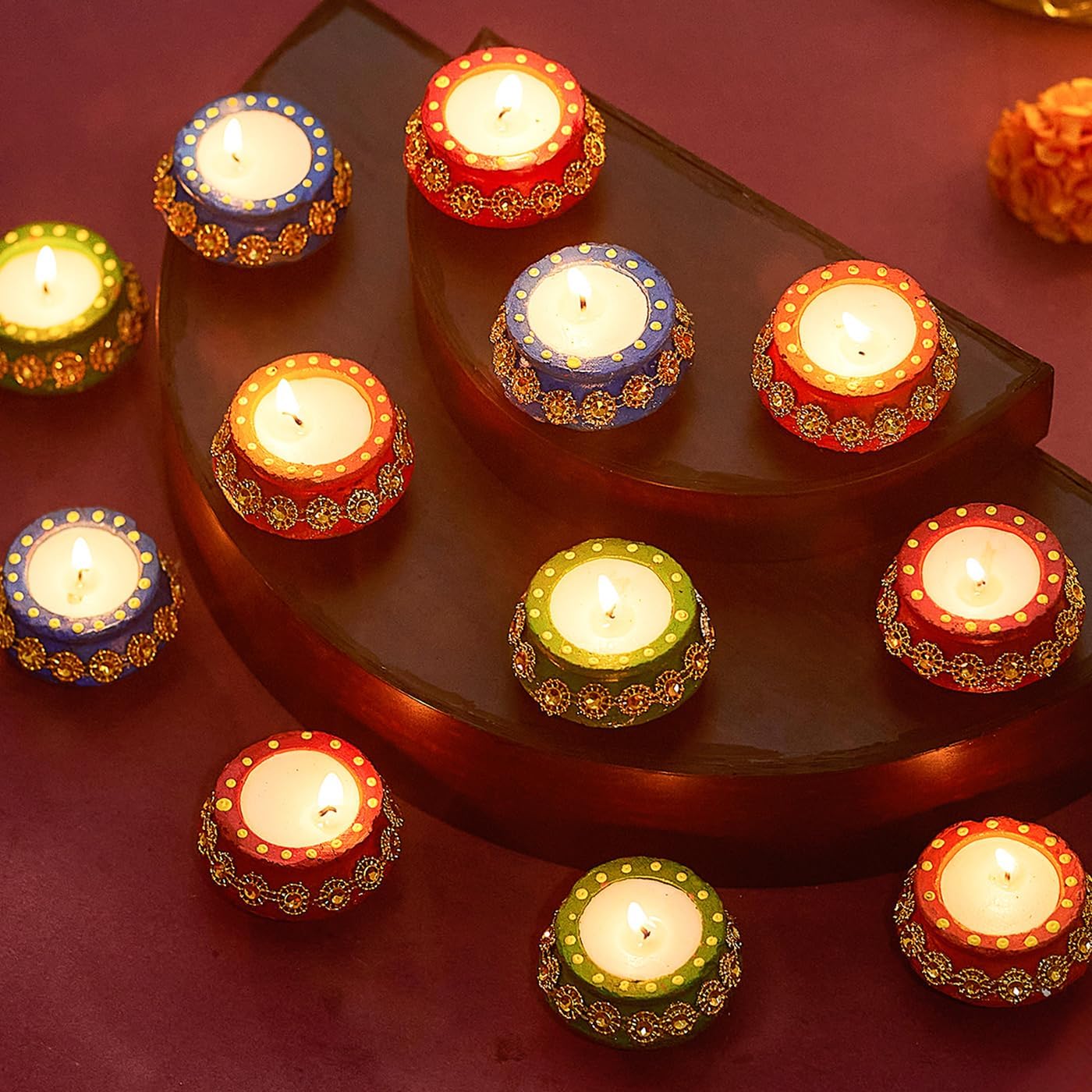 TIED RIBBONS Set of 12 Handmade Clay Wax Filled Diyas Earthen Diya (Multi, 5.3 cm x 2.5 cm) for Diwali Decoration Home Puja Pooja Room Office Mandir Temple Table - Diwali Décor