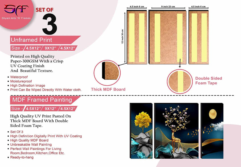SAF paintings Unique 3D Print Deer Nature Modern Art MDF Framed Painting (SANFJM31040, Multicolour, 12 inch x 18 inch, Set of 3)