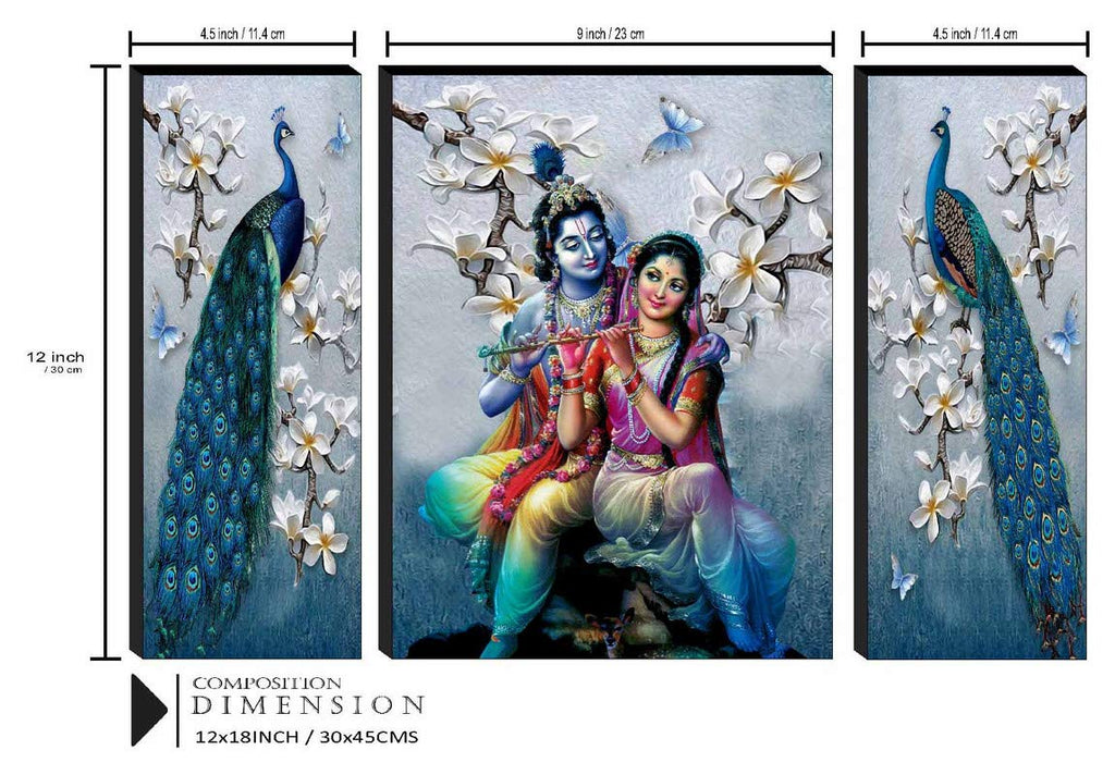 SAF Set of 3 Radha Krishna with Couple Peacock UV Textured Home Decorative Item Self Adhesive Painting 18 Inch X 12 Inch SANFJM31078- Multi Color