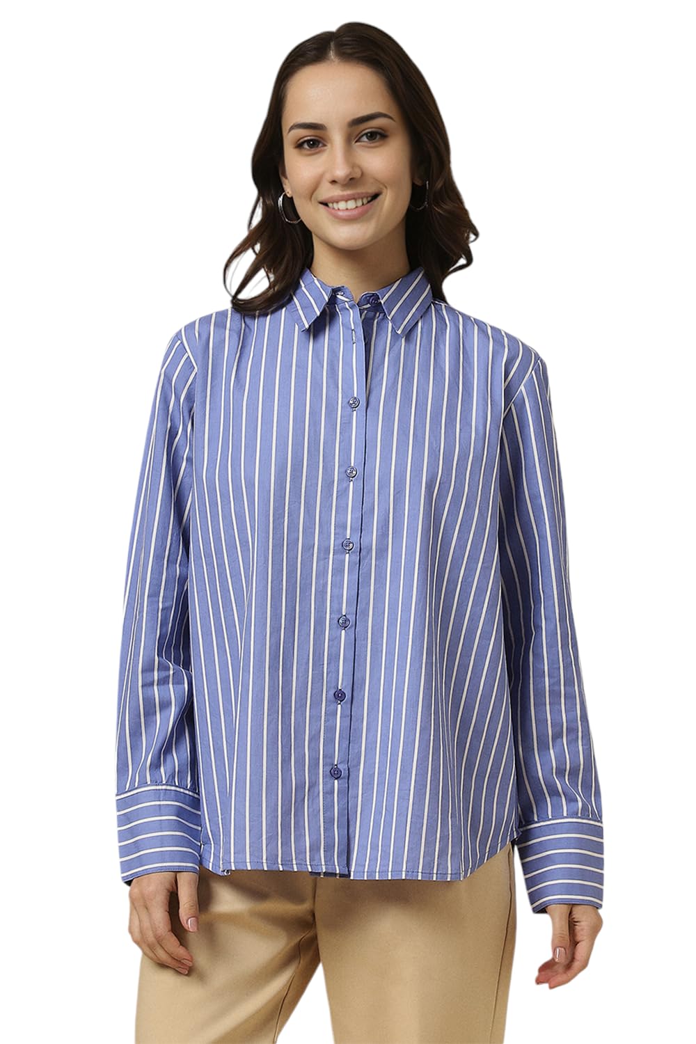 Allen Solly Women's Blue Striped Long Sleeve Formal Shirt