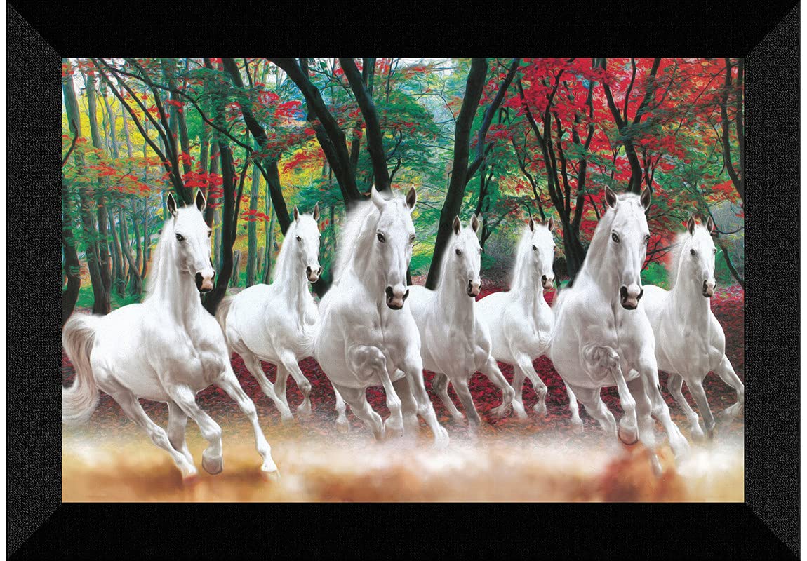 SAF paintings 7 Running Horses Nature UV Teatured Digital Reprint Framed Painting (11 inch X 14 inch) SANFK56