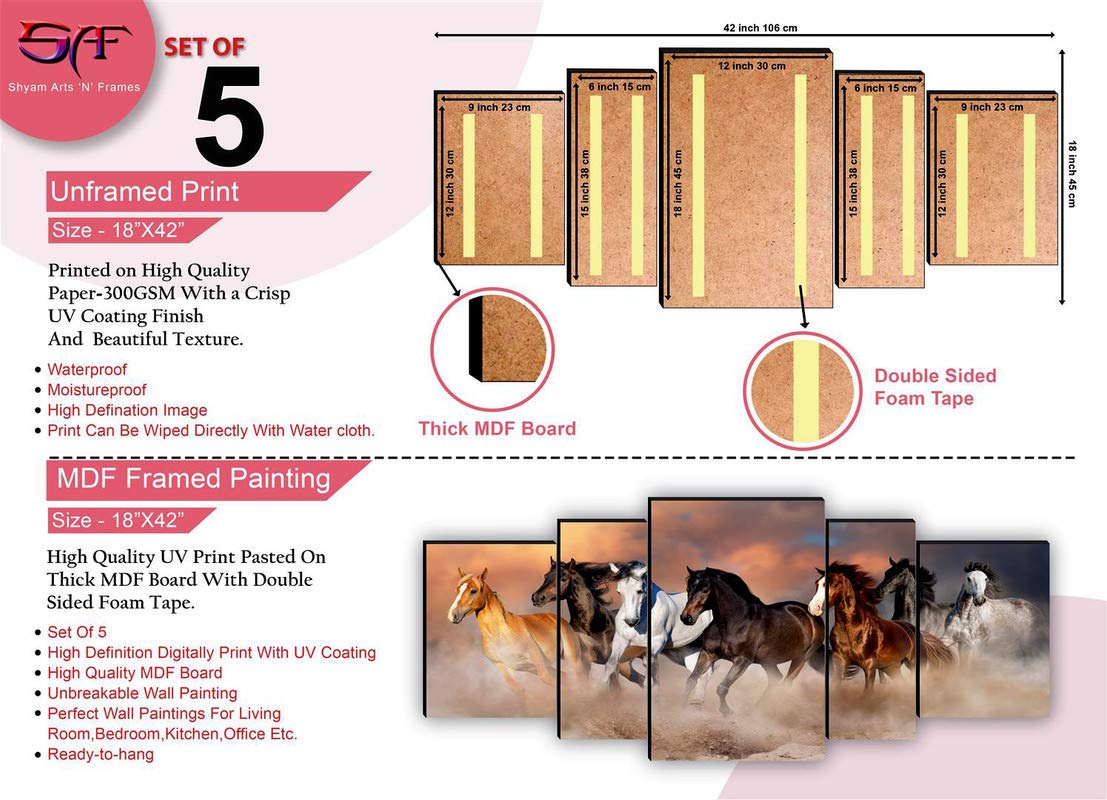 SAF SANFPNL31210 Seven Running Horses UV Textured with MDF Panel Painting (Set of 5, 18" x 42", Multicolor)