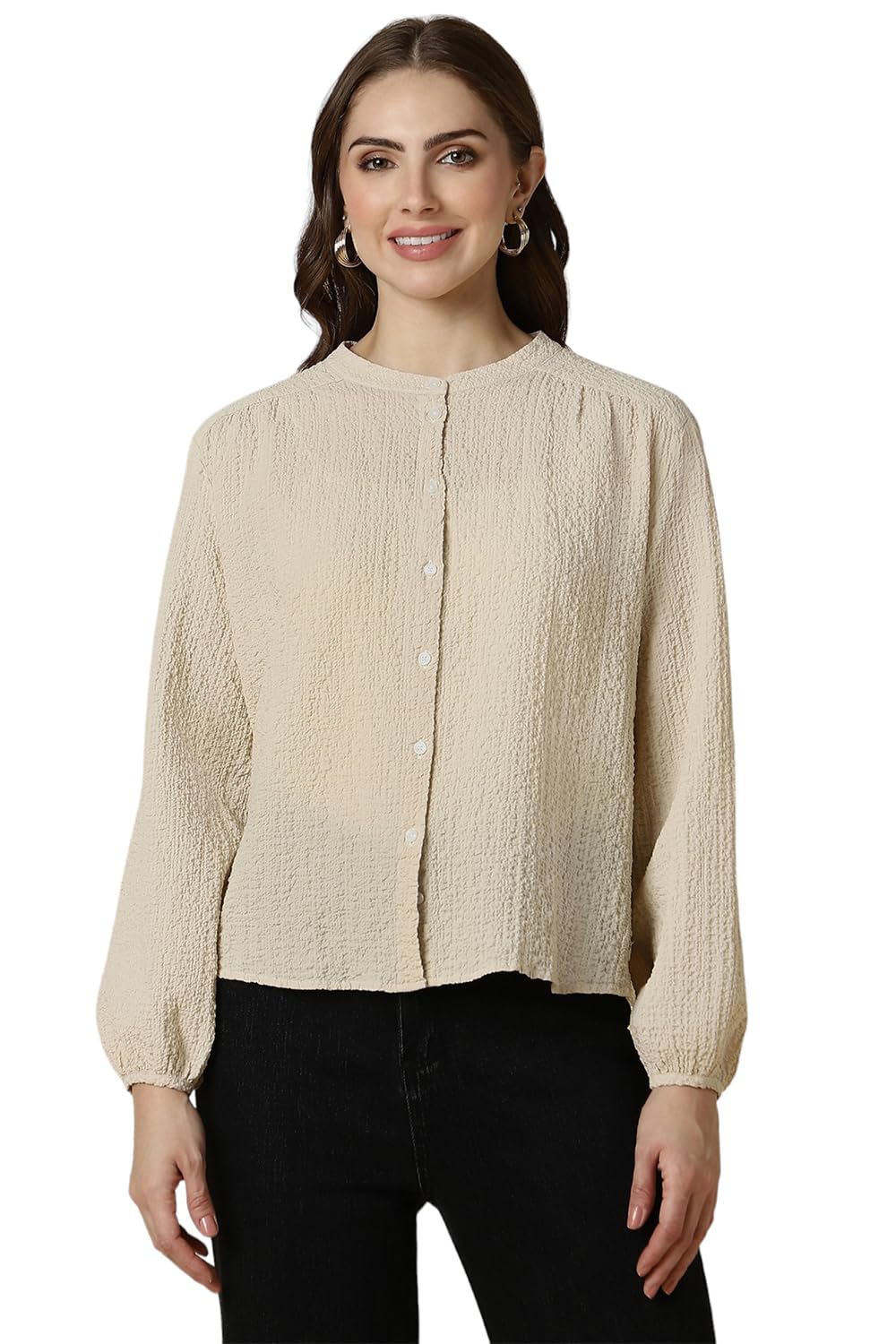Allen Solly Women's Beige Plain Long Sleeve Casual Shirt