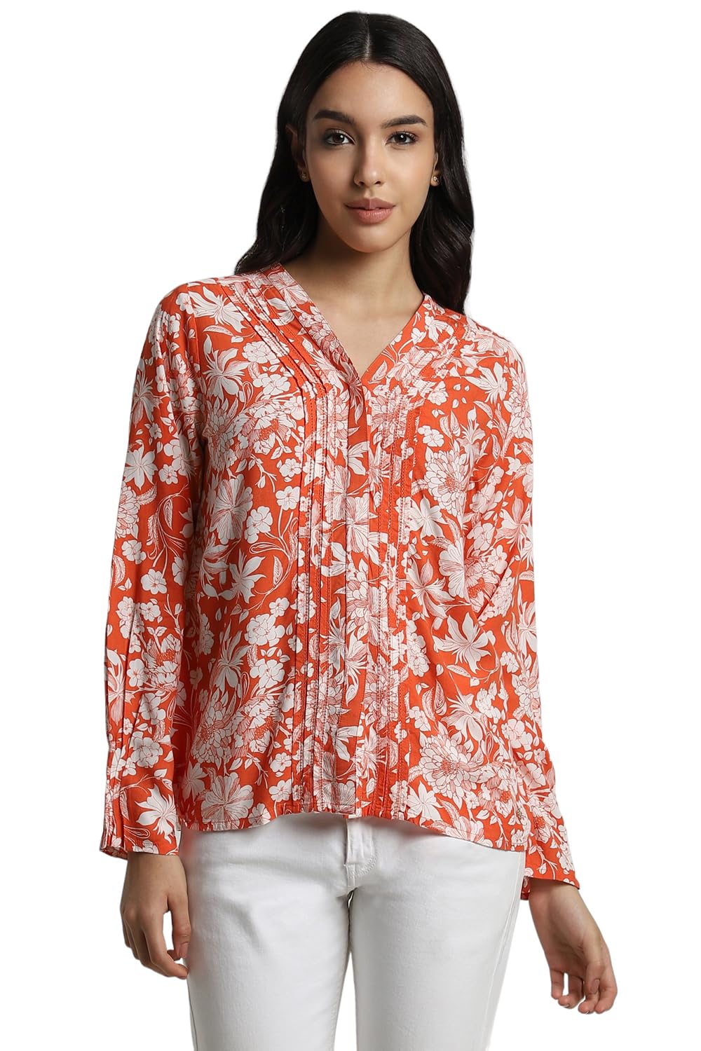 Allen Solly Women's Orange Printed Full Sleeve Casual Shirt