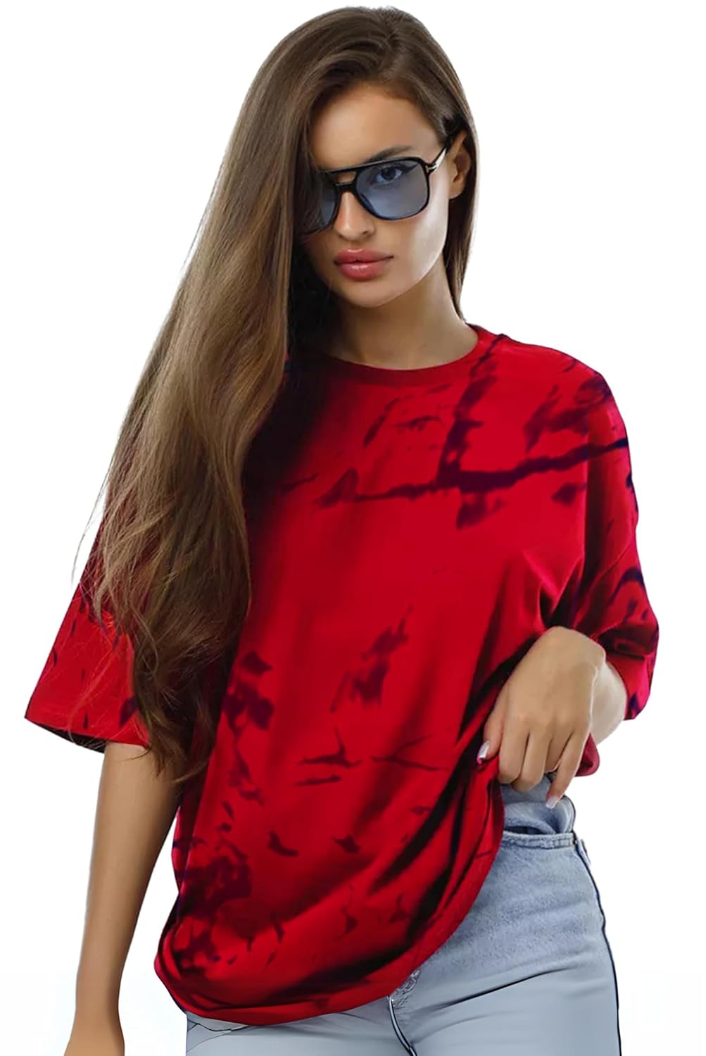 LEOTUDE Round Neck Oversized Half Sleeve Tie & Dye Printed Tshirt for Women (Combo Tshirt Pack of 2)