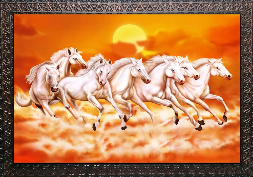 CN RETAILS Beautiful 7 Horses vastu Wall Painting with Special Effects Sparkle Lamination wood art framed wall Painting for home décor Synthetic Solid Wooden Frame (Brown, 50 x 65 cm) 18x24_27