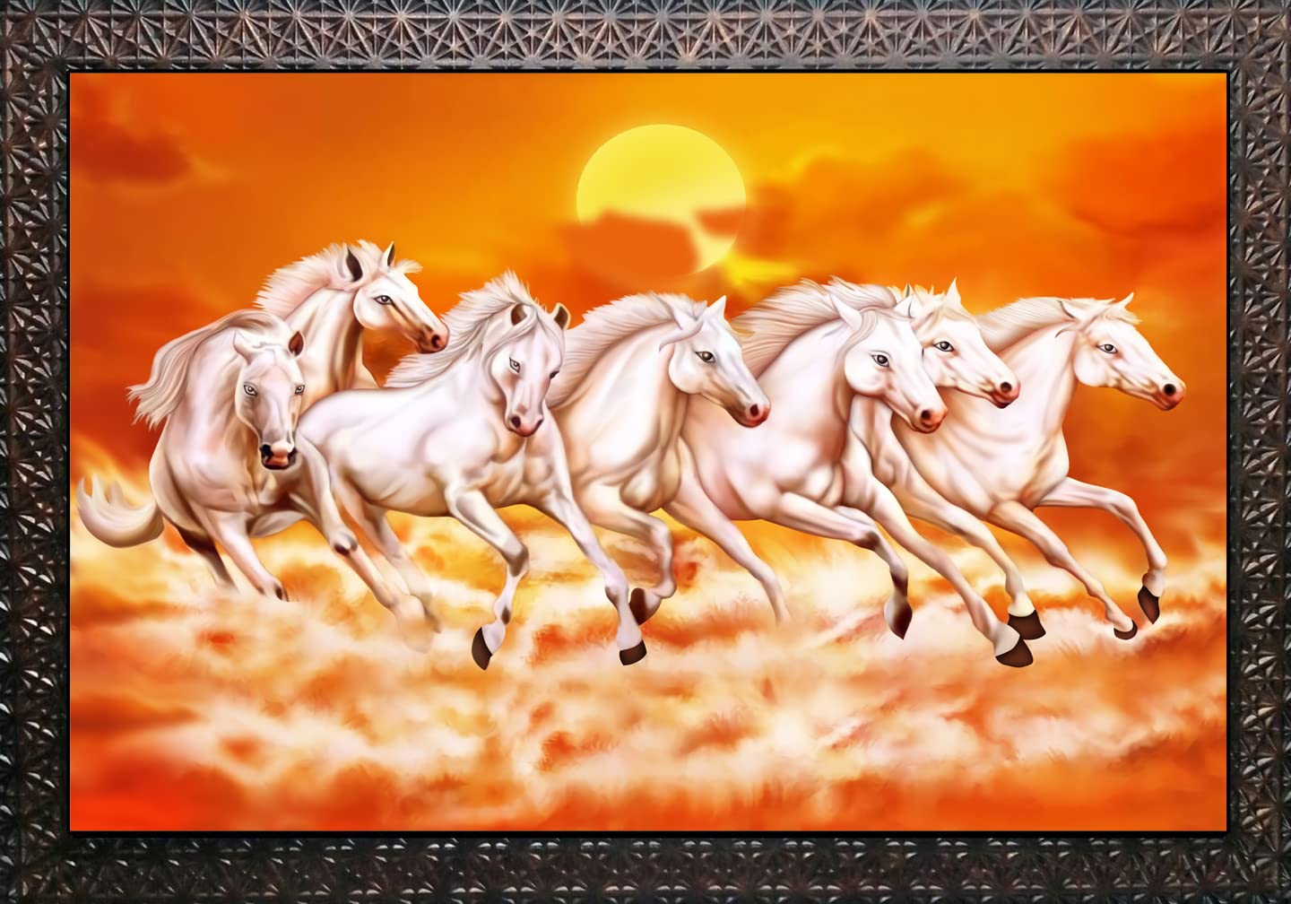 CN RETAILS Beautiful 7 Horses vastu Wall Painting with Special Effects Sparkle Lamination wood art framed wall Painting for home décor Synthetic Solid Wooden Frame (Brown, 50 x 65 cm) 18x24_27