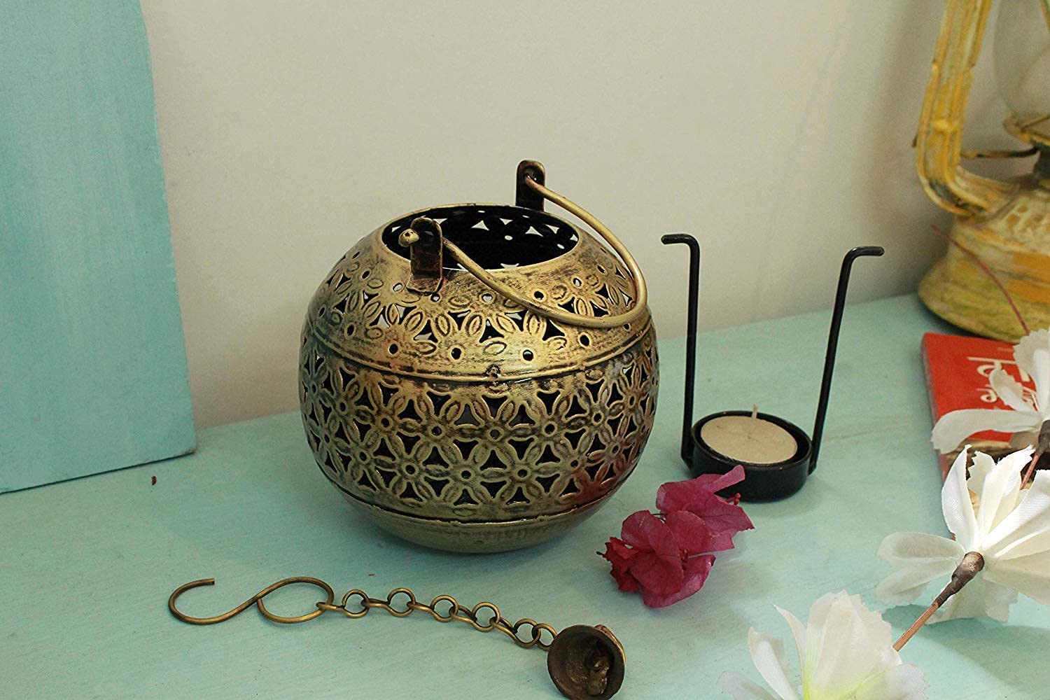 RSN 6 Inch Diya Deepak Lamp Lantern Candle Holder Wrought Iron Vintage Handi for Home Office Diwali Pooja Decoration | TeaLight Candle Stand | Living Room, Bedroom Mandir/Temple Decor