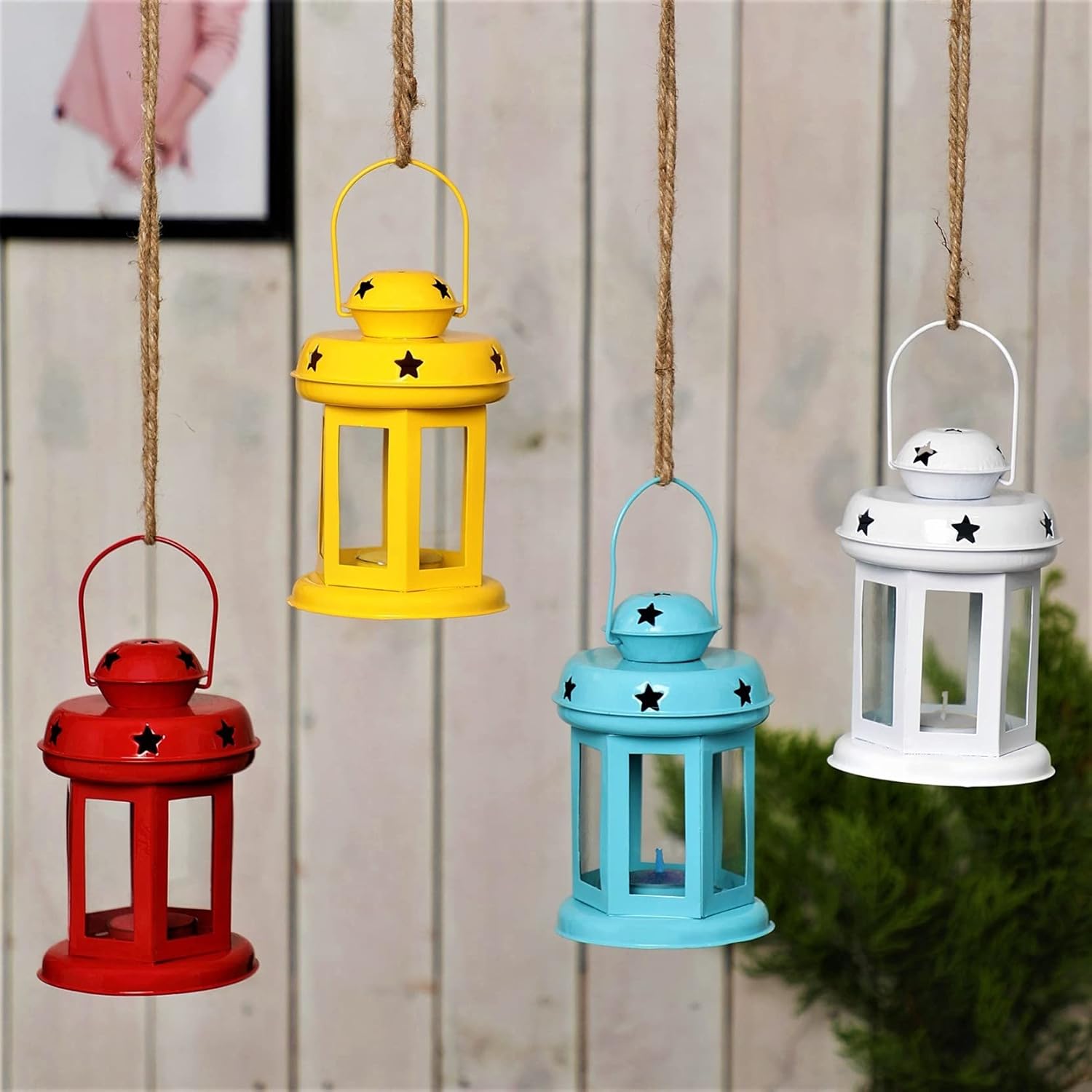 MINI JINI Iron Decorative Malta Lantern , Multi Color,Set of 4(Blue,Red,Yellow,White)