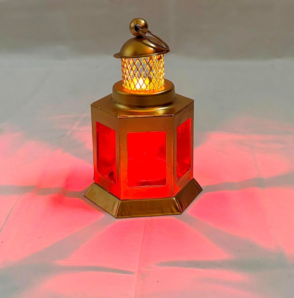 K.N Creation Stylish Moroccan Iron Hanging Lantern Tealight Candle Holder with Colored Glass | Perfect for Home & Office Diwali, Christams Decorations - Golden & Red