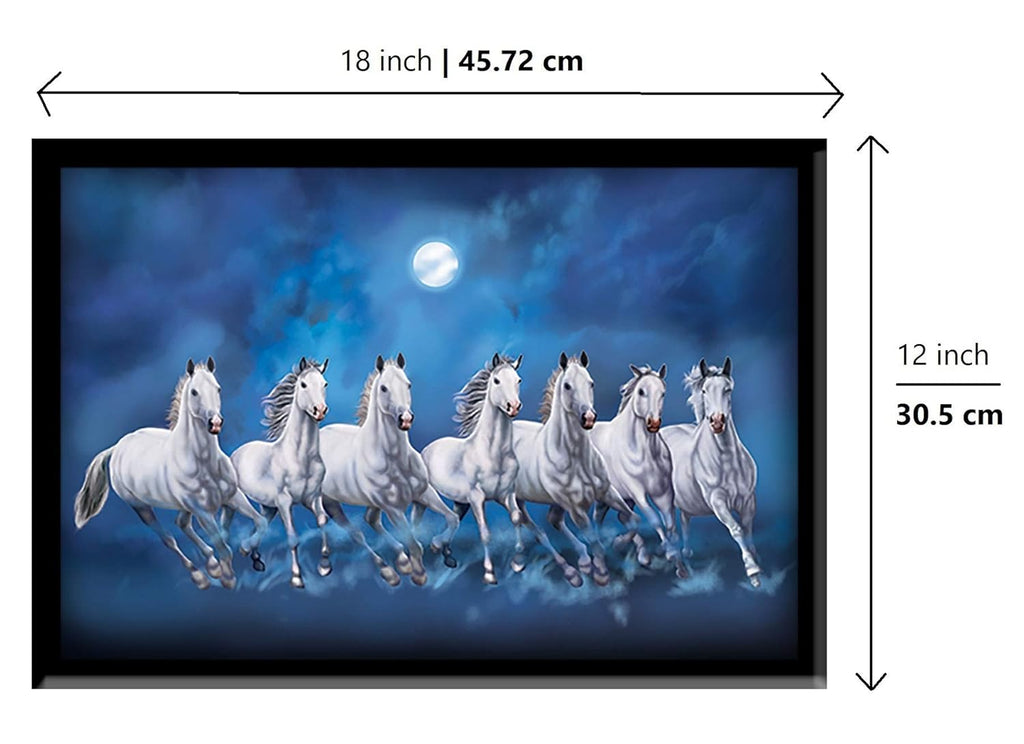 LIFEHAXTORE® Seven Lucky Running Vastu Horses Art Framed Painting - (Ocean Blue, 12 Inch x 18 Inch)