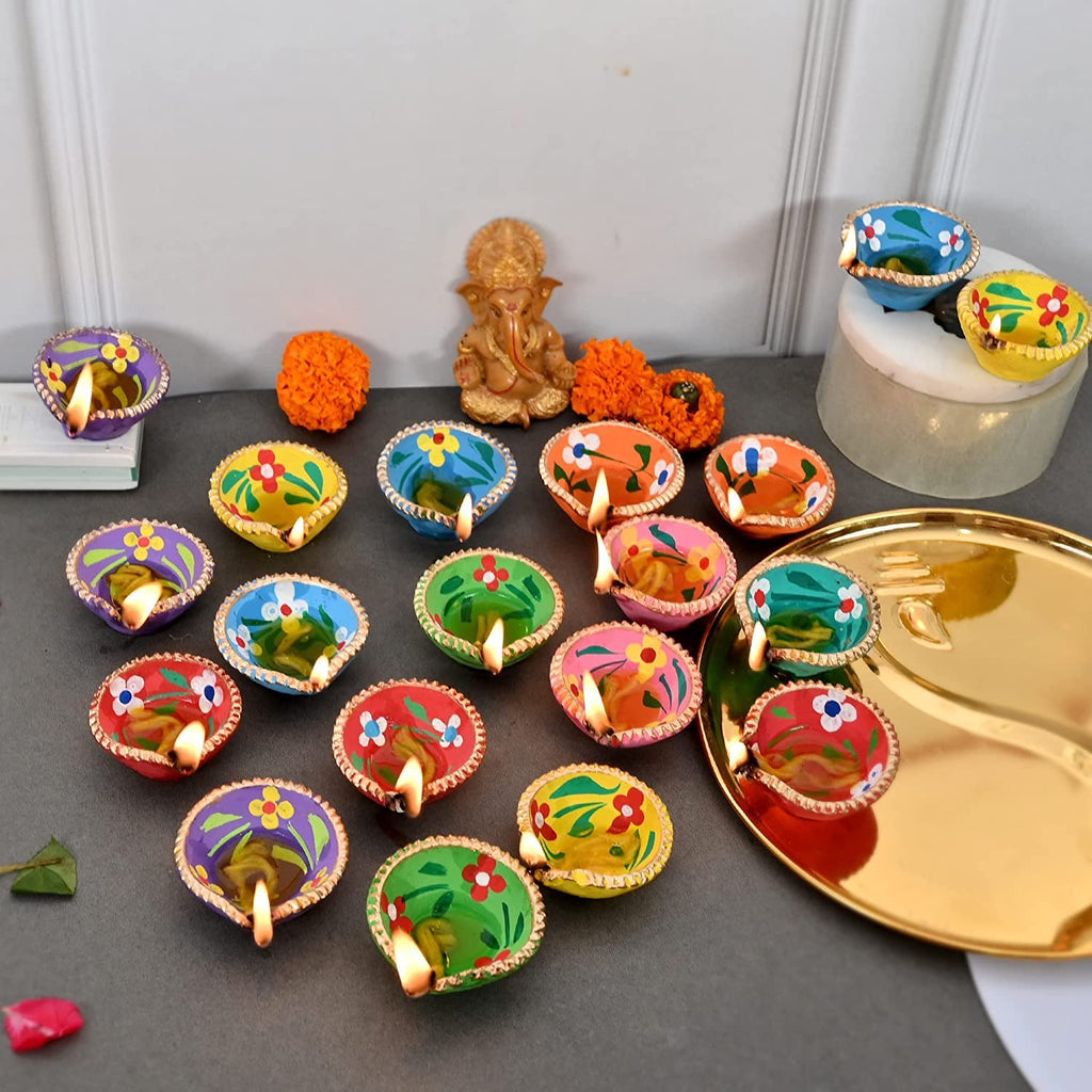 Colourful Handmade Diyas for Diwali Hand Painted Decorative Clay Mitti Diya Deepak Lanterns for Diwali Decoration . (Pack of 25)