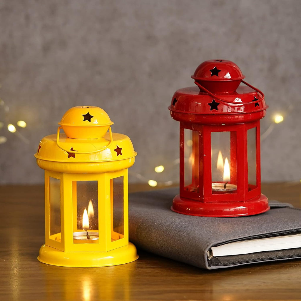 Winscraft Hanging Lantern Tealight Candle Holder for Table Home Decoration - Christmas & Gifts Items for Home Decor, Diwali for Living Room, Bedroom, Balcony, Wall Lighting (Red & Yellow)