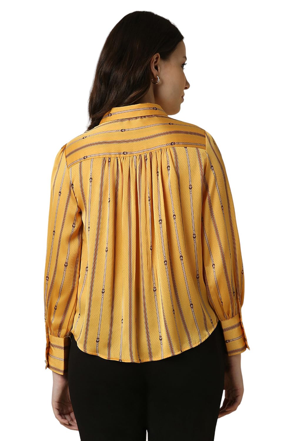 Allen Solly Women's Yellow Striped Long Sleeve Casual Shirt