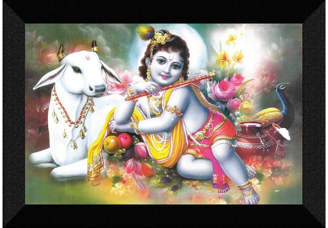 SAF paintings Kanha Ji with bansuri and cow UV Textured Synthetic Frame Painting SAFK97