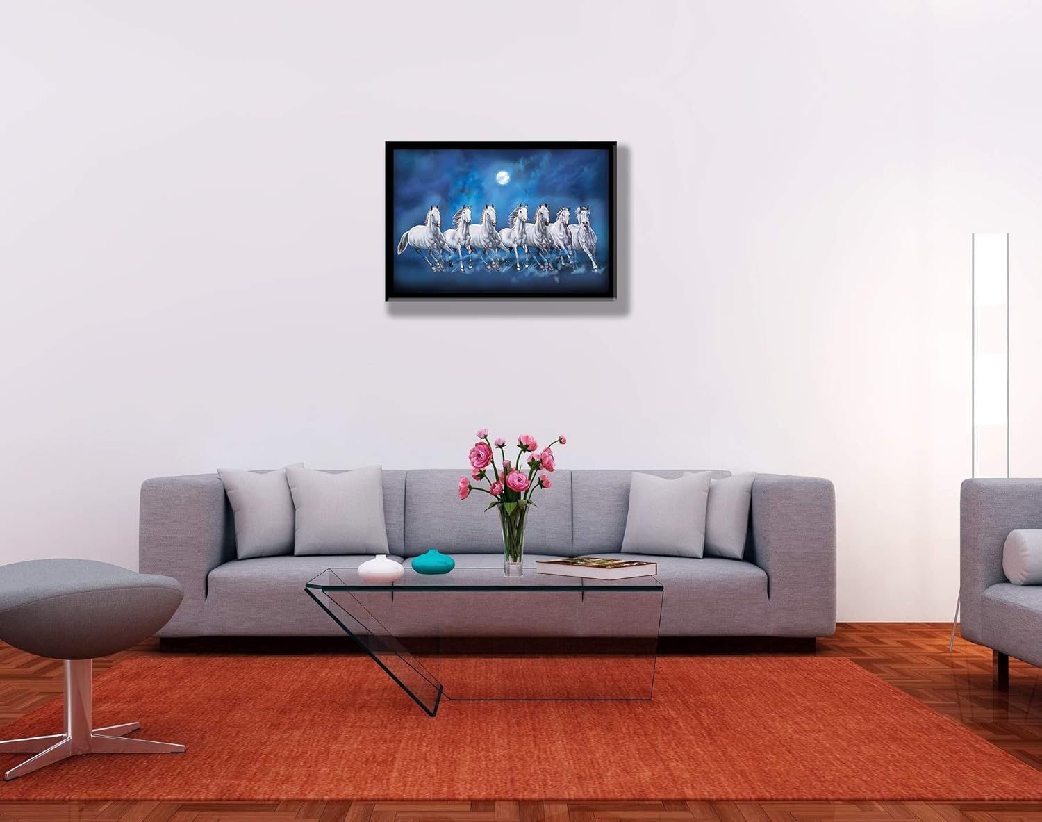 LIFEHAXTORE® Seven Lucky Running Vastu Horses Art Framed Painting - (Ocean Blue, 12 Inch x 18 Inch)