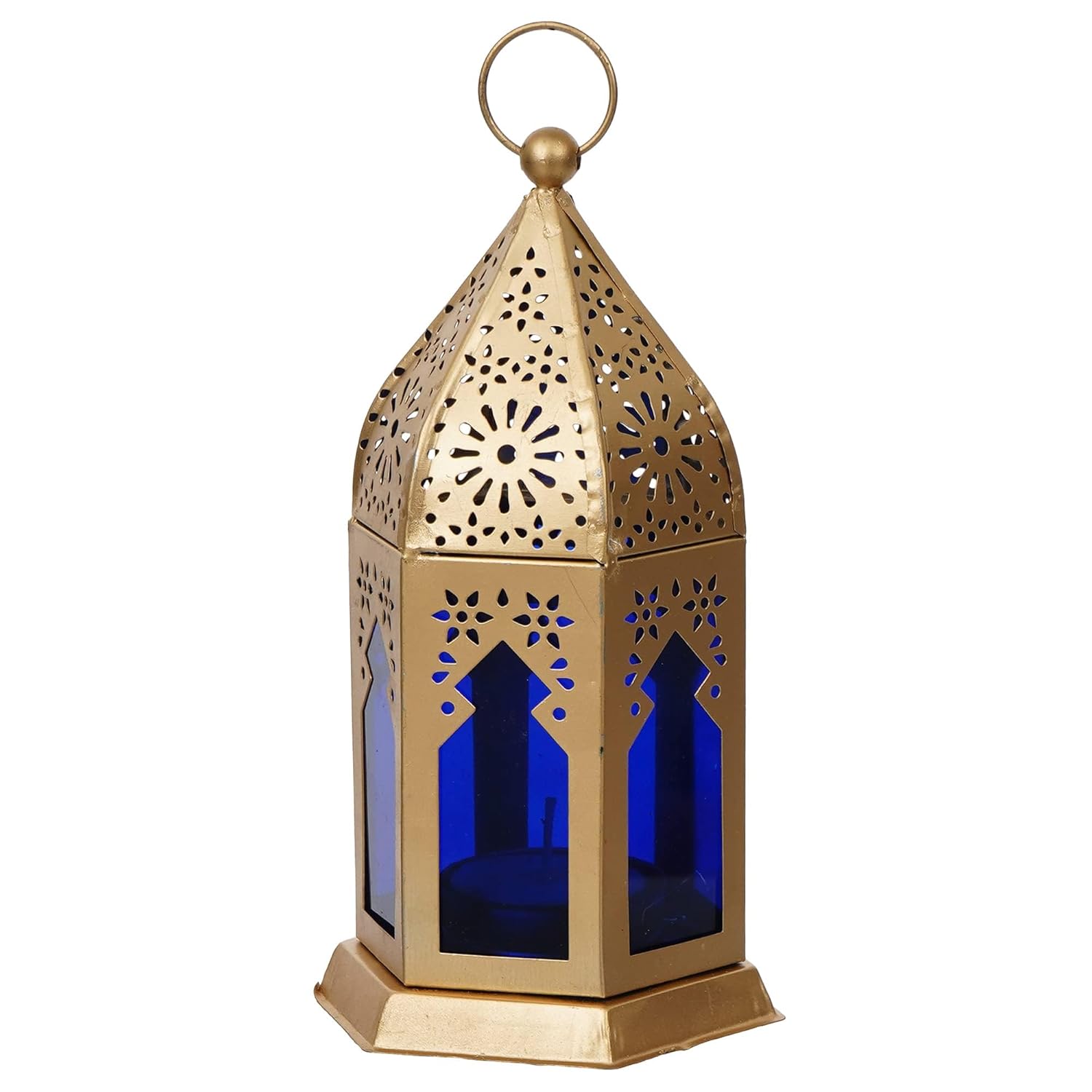 Webelkart Premium Moroccan Gold, Blue Color Metal Iron Lantern Tea Light Holder with Free Tealight Candle Holder for Home | Tealight Candle Holders for Diwali Decoration