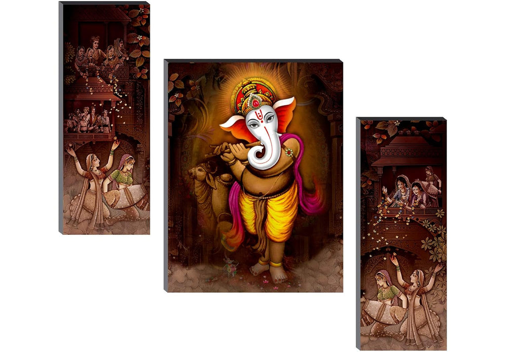 SAF Wood Sanfjm31263 Ganesha Modern Art Uv Textured Self Adhesive Painting (Set Of 3, 18" X 12", Multicolor)