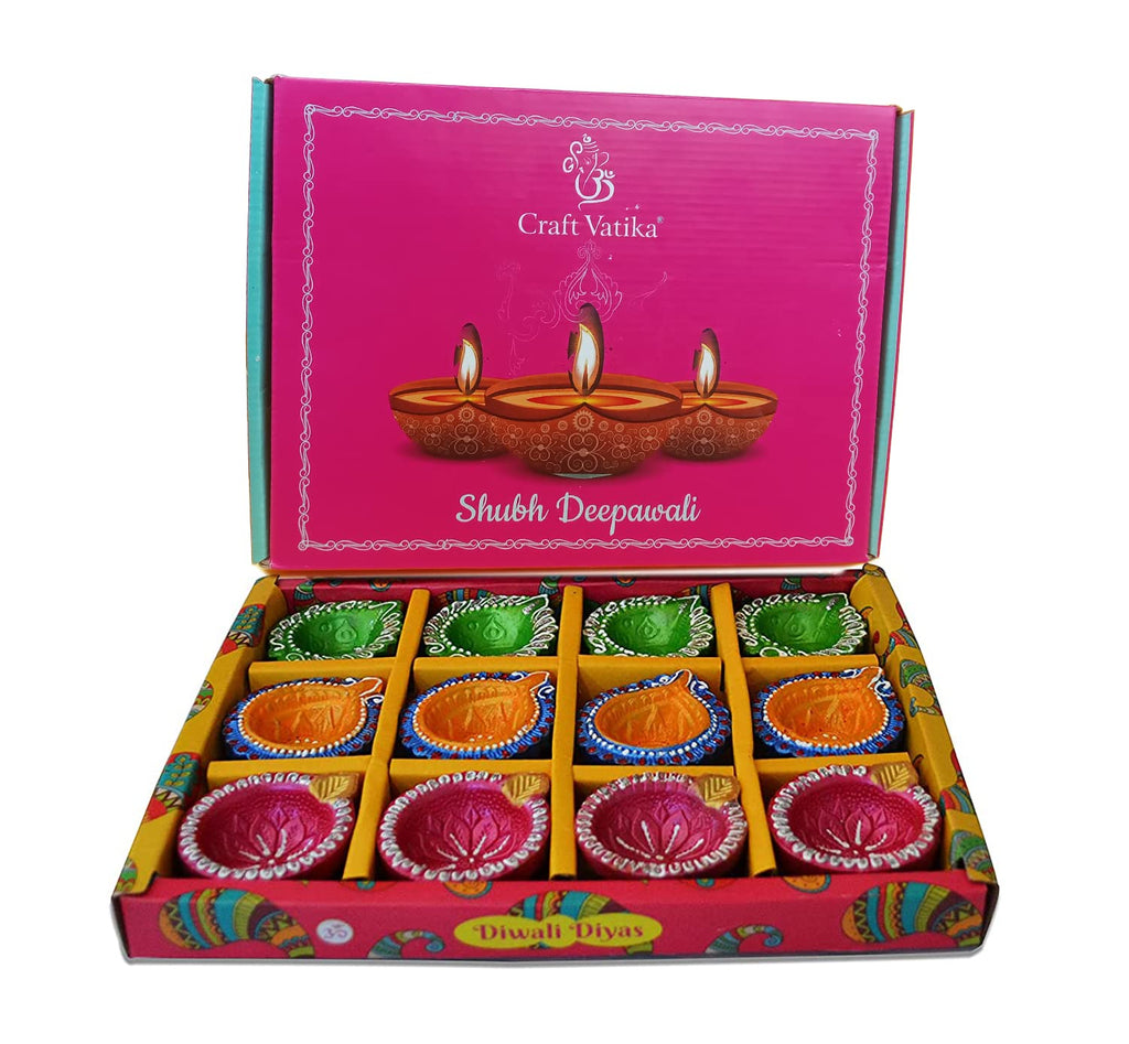 CraftVatika Clay Diyas Diya Deepak Batti Diya - Handmade Mitti Diya for Diwali Decoration Puja - Handpainted Diya for Home Indoor Outdoor Diwali (24 Diyas)