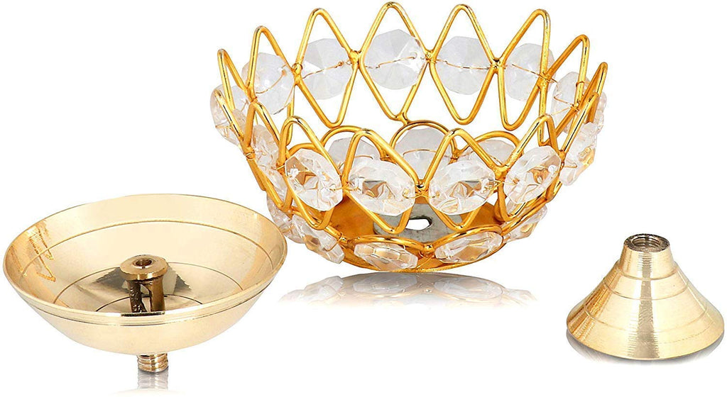 Collectible India Diwali Diya Crystal Round Akhand Diya for Puja Brass Small Kamal Deep Jyoti Oil Lamp for Home Temple Pooja Decor Gifts Pack of 4