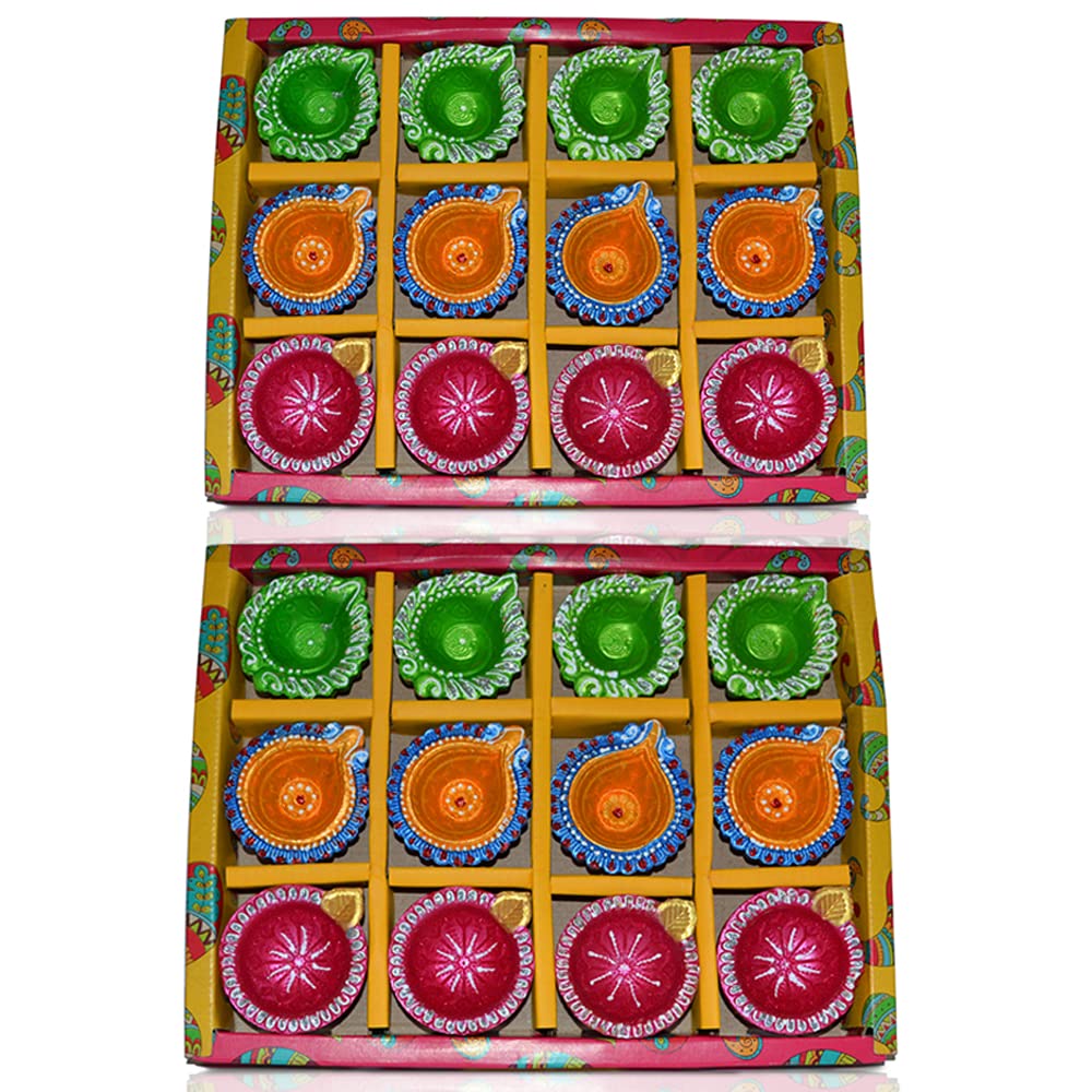 CraftVatika Clay Diyas Diya Deepak Batti Diya - Handmade Mitti Diya for Diwali Decoration Puja - Handpainted Diya for Home Indoor Outdoor Diwali (24 Diyas)