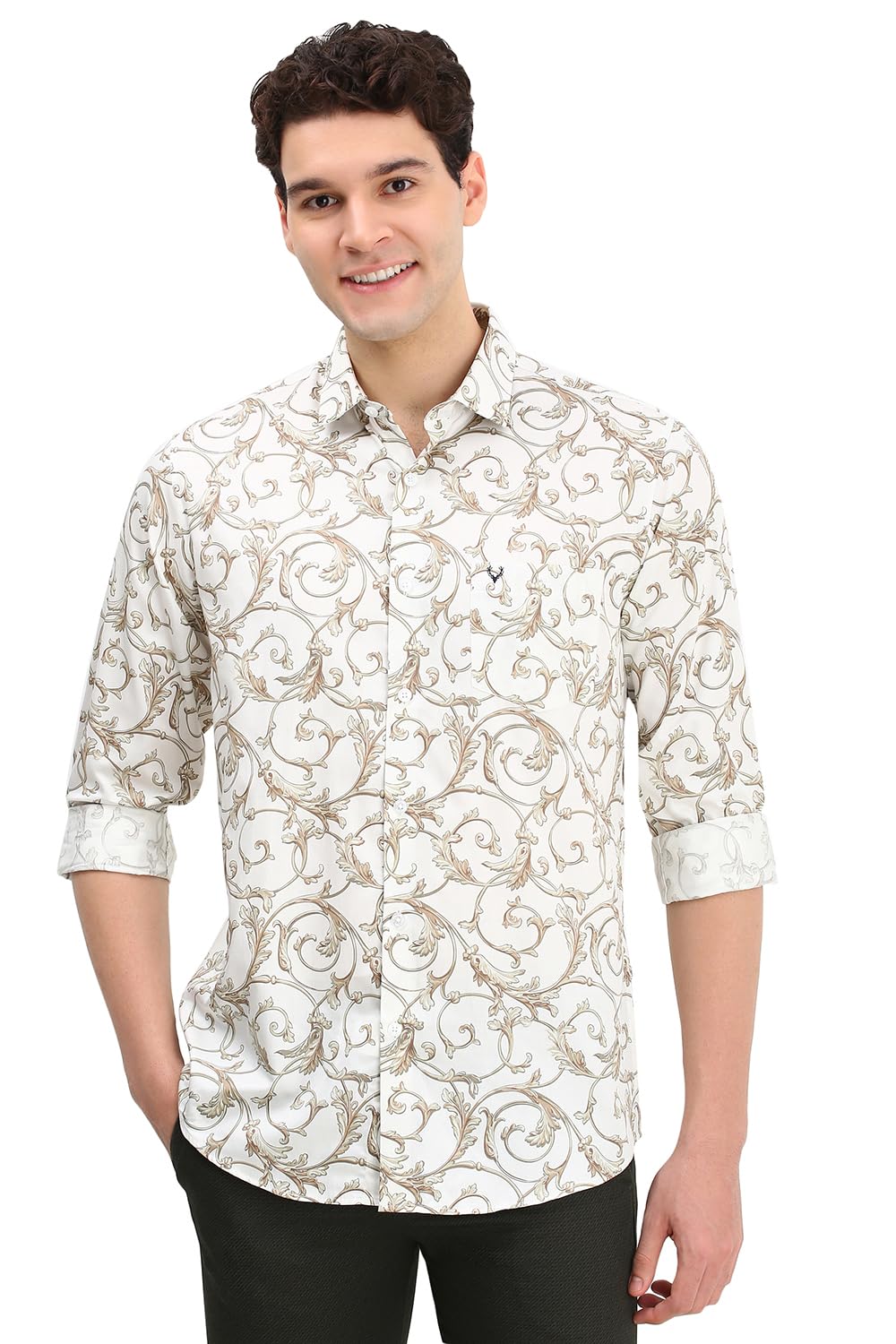 Allen Solly Men Cream Slim Fit Print Full Sleeves Casual Shirts