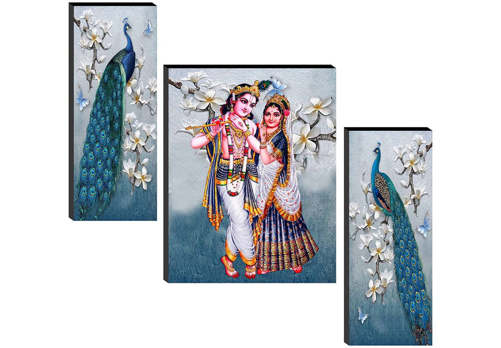 SAF paintings SANFJM31081 Radha Krishna with Couple Peacock UV Textured Home Decorative Self Adhesive Religious Painting (18 Inch X 12 Inch, Multicolor) - Set of 3