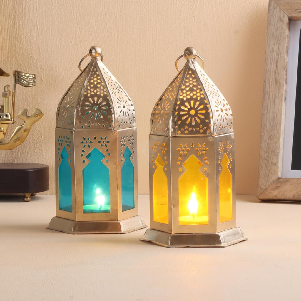 Dewali Small Moroccan Lantern/Lamp Set, Antique Decorative Hanging Lantern for Diwali, Set of 2, (1Yellow & 1 Blue)