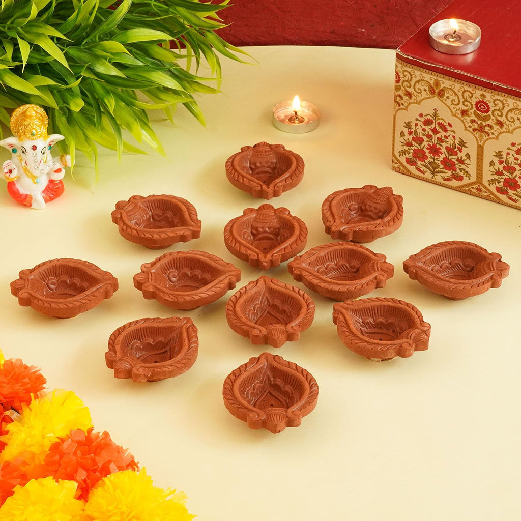 TIED RIBBONS Pack of 12 Clay Diwali Diya Set - Teracotta Diwali Diya Set Earthen Oil Ghee Diyas for Diwali - Diwali Decoration Items for Home Decor (Set of 12)
