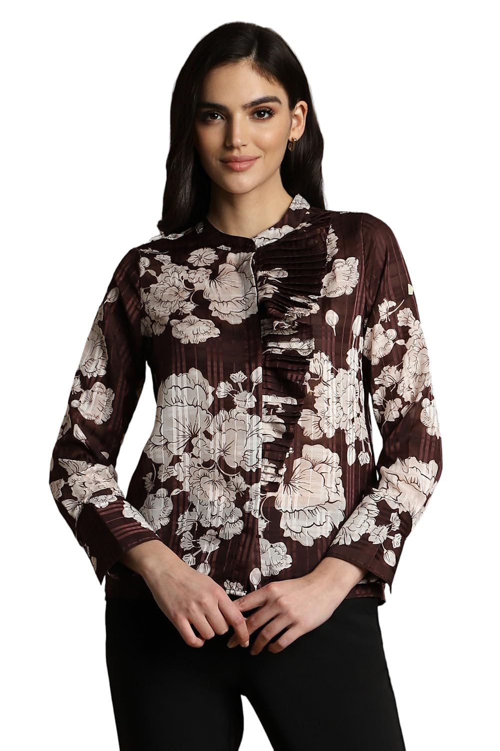 Allen Solly Women's Polyester Brown Printed Full Sleeve Casual Shirt