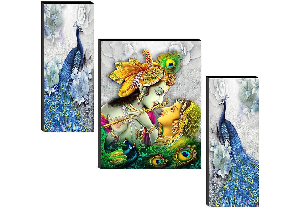 SAF paintings Religious 'Radha Krishna with Couple Peacock ' Abstract Wall Painting Frame - JM31084 (Multicolour, 12 inch X 18 inch, Standard) - Set of 3