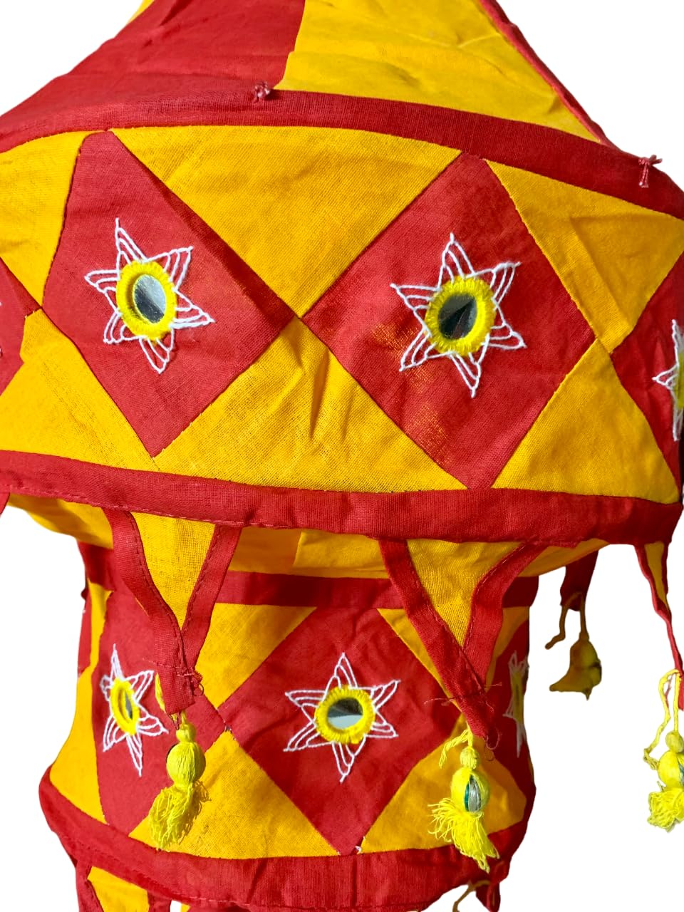 Cloth Applique Free Hanging Decor Item/Festive Lantern, Jhoomar Shape with 3-Steps, Compressible, from Pipli Odisha (Orange & Red)