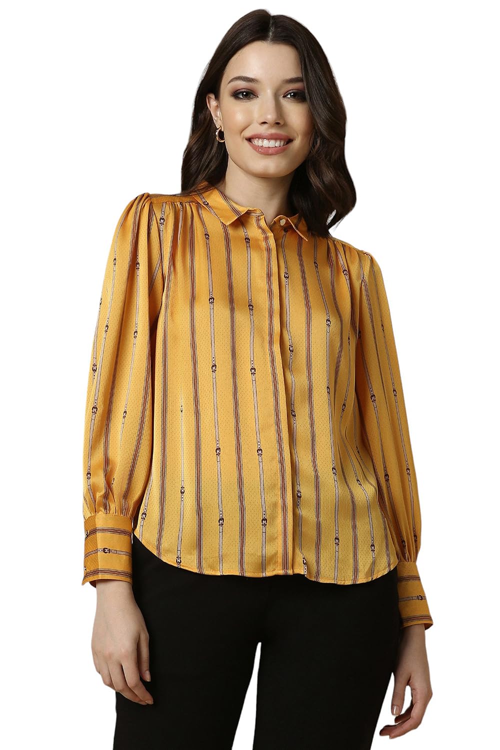 Allen Solly Women's Yellow Striped Long Sleeve Casual Shirt