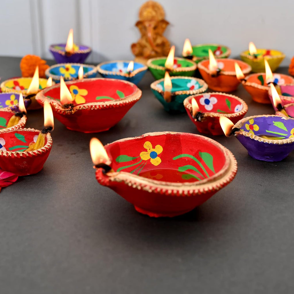 STLYZ Colourful Handmade Diyas for Diwali (21 Pcs) Hand Painted Decorative Clay Mitti Diya Deepak Lanterns for Diwali Decoration