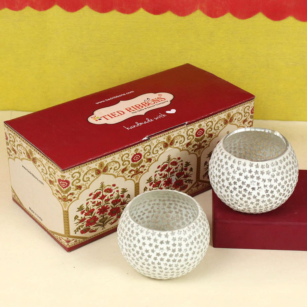 TIED RIBBONS Pack of 2 Turkish Mosaic Glass Votive Tealight Candle Holders - Christmas Decorations Items for Home Table Decor Gifts (Glass) - Christmas Decor - Christmas Gifts