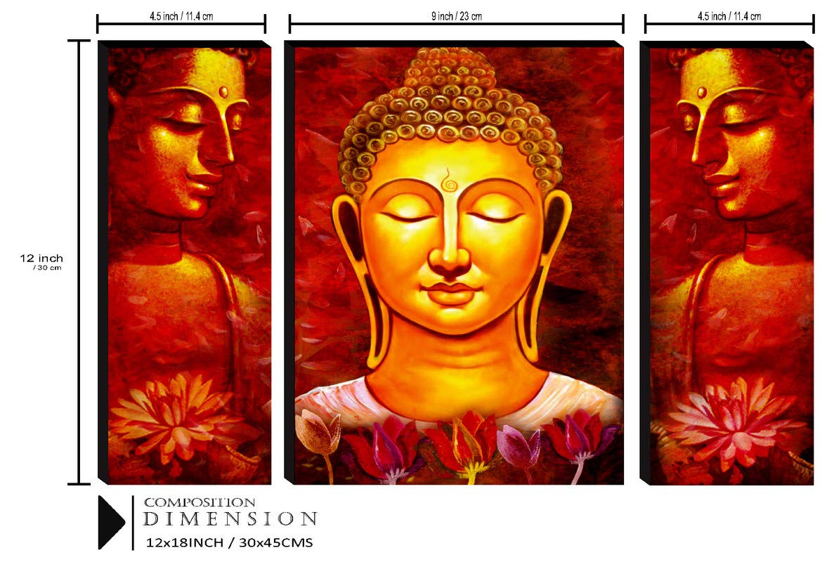 SAF paintings Set of 3 Buddha Paintings for living room with frame Self Adeshive UV Textured MDF Framed Painting 12 Inch X 18 Inch SAF-JM7707