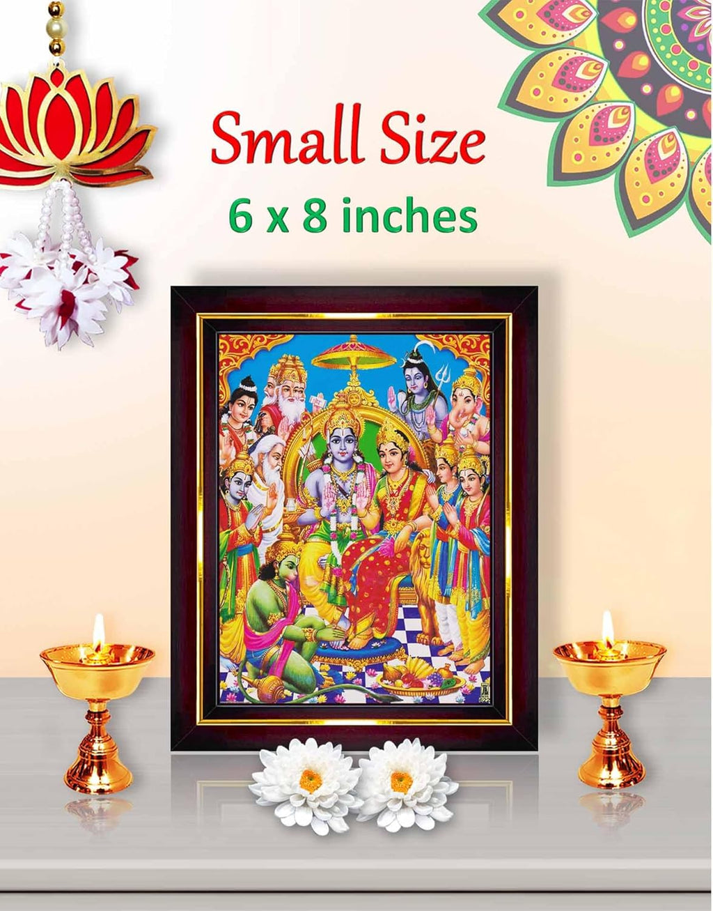 Pavan Photo Laminations Ram Darbar Lord Shri Rama Sita Parivar Family Wall Painting Framed Home Decor (Wood,Matte,Brown,Small Size,6 x 8 Inch) B745S