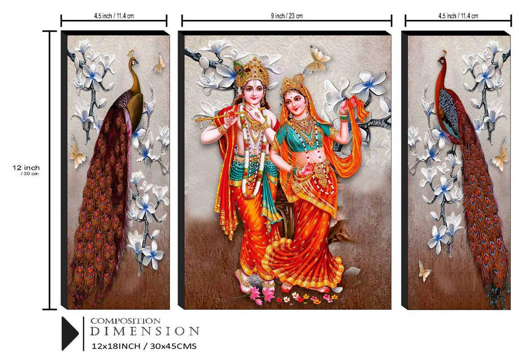 SAF paintings Radha Krishna with Couple Peacock Self Adhesive UV Textured Painting (18 Inch X 12 Inch, SANFJM31075, Multicolor, Set of 3)