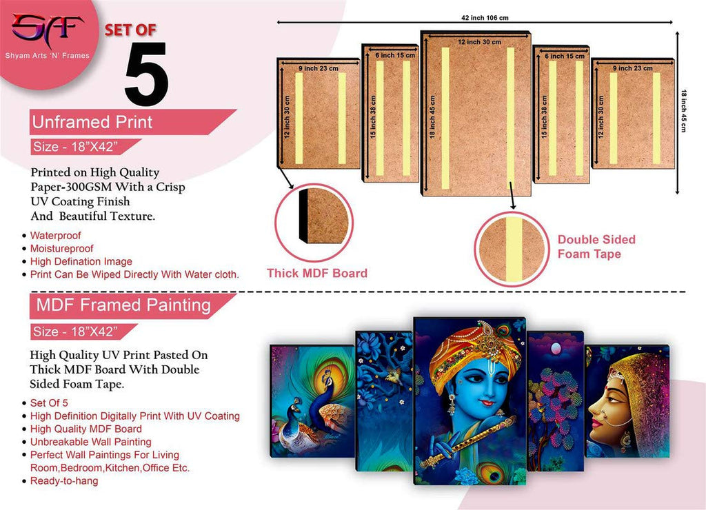 SAF Radha Krishna with couple peacock UV Textured MDF Abstract Panel Painting For Home Decoration, 18 Inch X 42 Inch, Set of 5, multicolor