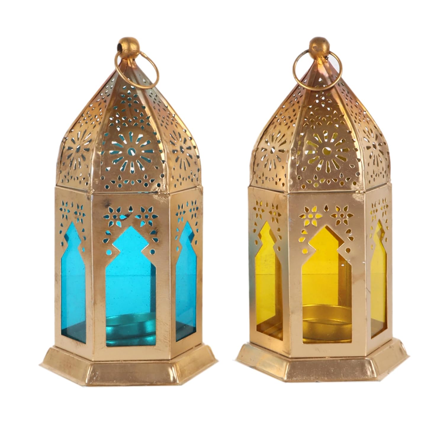 Dewali Small Moroccan Lantern/Lamp Set, Antique Decorative Hanging Lantern for Diwali, Set of 2, (1Yellow & 1 Blue)