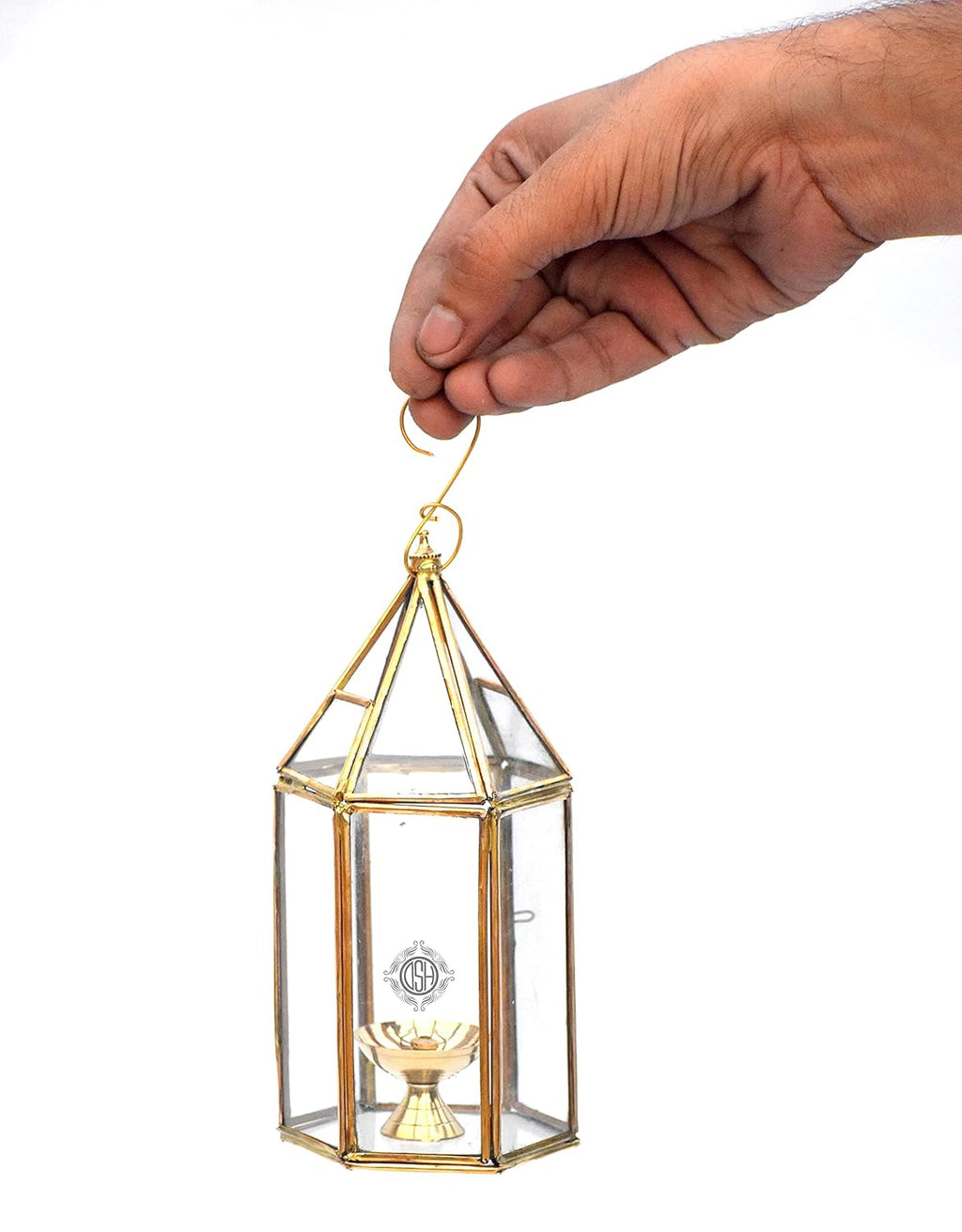 DSH Brass Diya for Pooja with Glass Cover Lantern, Decorative Brass & Glass Akhand Deepak Oil Lamp,Tea Light Holder Lantern for Durga Pooja & Diwali (Small)