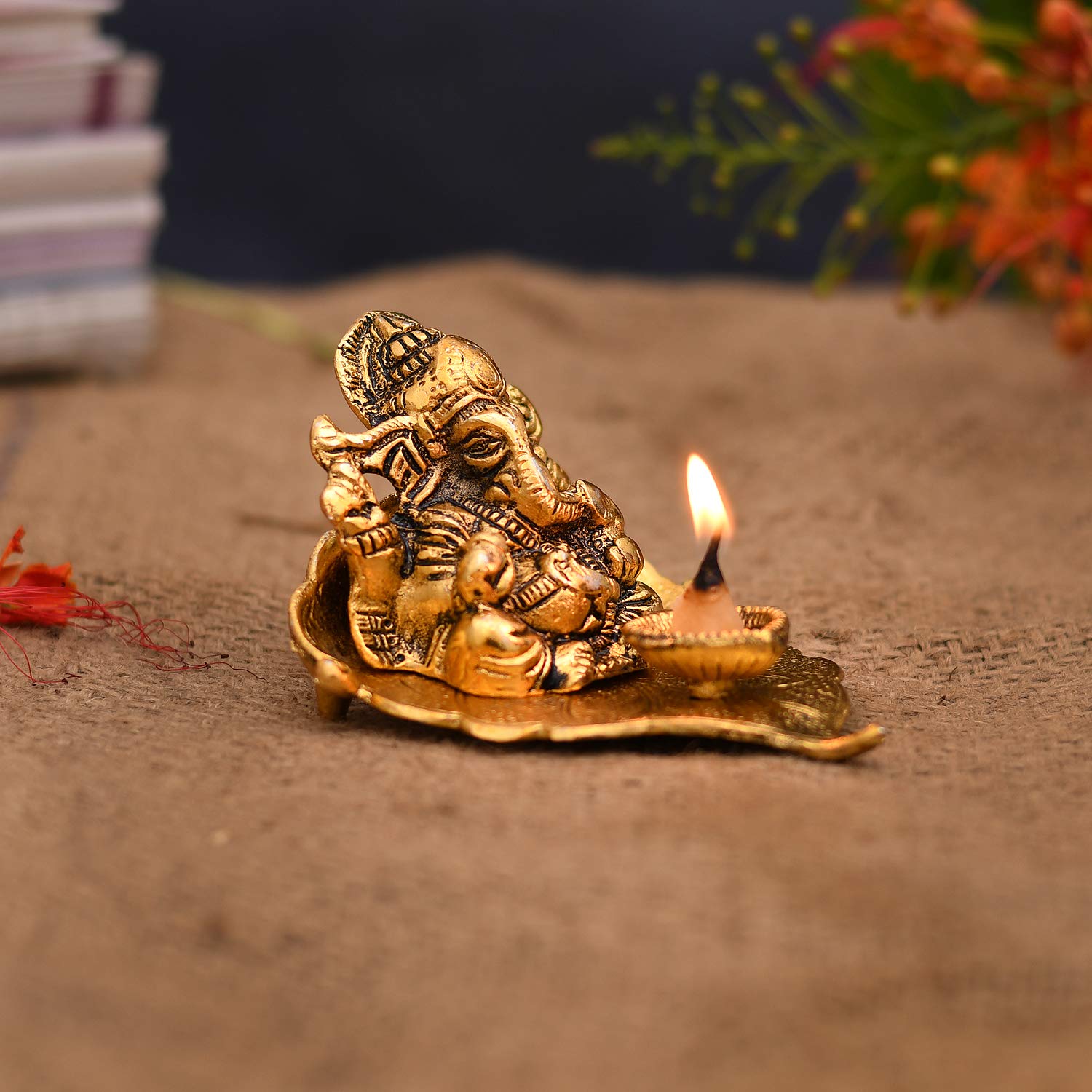 Collectible India Return Gift Ganesh Idol on Leaf - Lord Ganesha with Diya - Metal Diya for Diwali Decoration Items Home Decorative Gift Puja Gifts Corporate, Diwali Gift Item