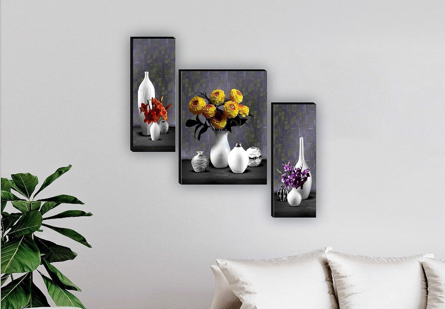 SAF paintings Set of 3 Flower Pot UV Textured Self adeshive Home Decorative Painting 18 Inch X 12 Inch SAF-JM7478