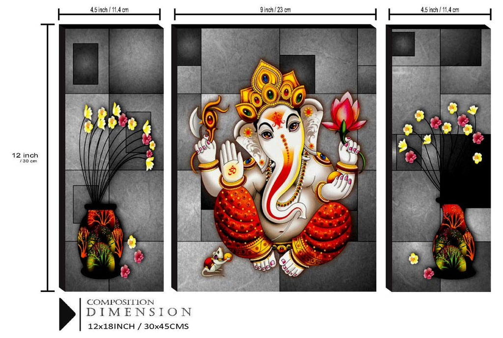 SAF paintings Set of 3 Ganesha UV textured Paintings for living room with frame Painting 12 Inch X 18 Inch SAF-JMS55
