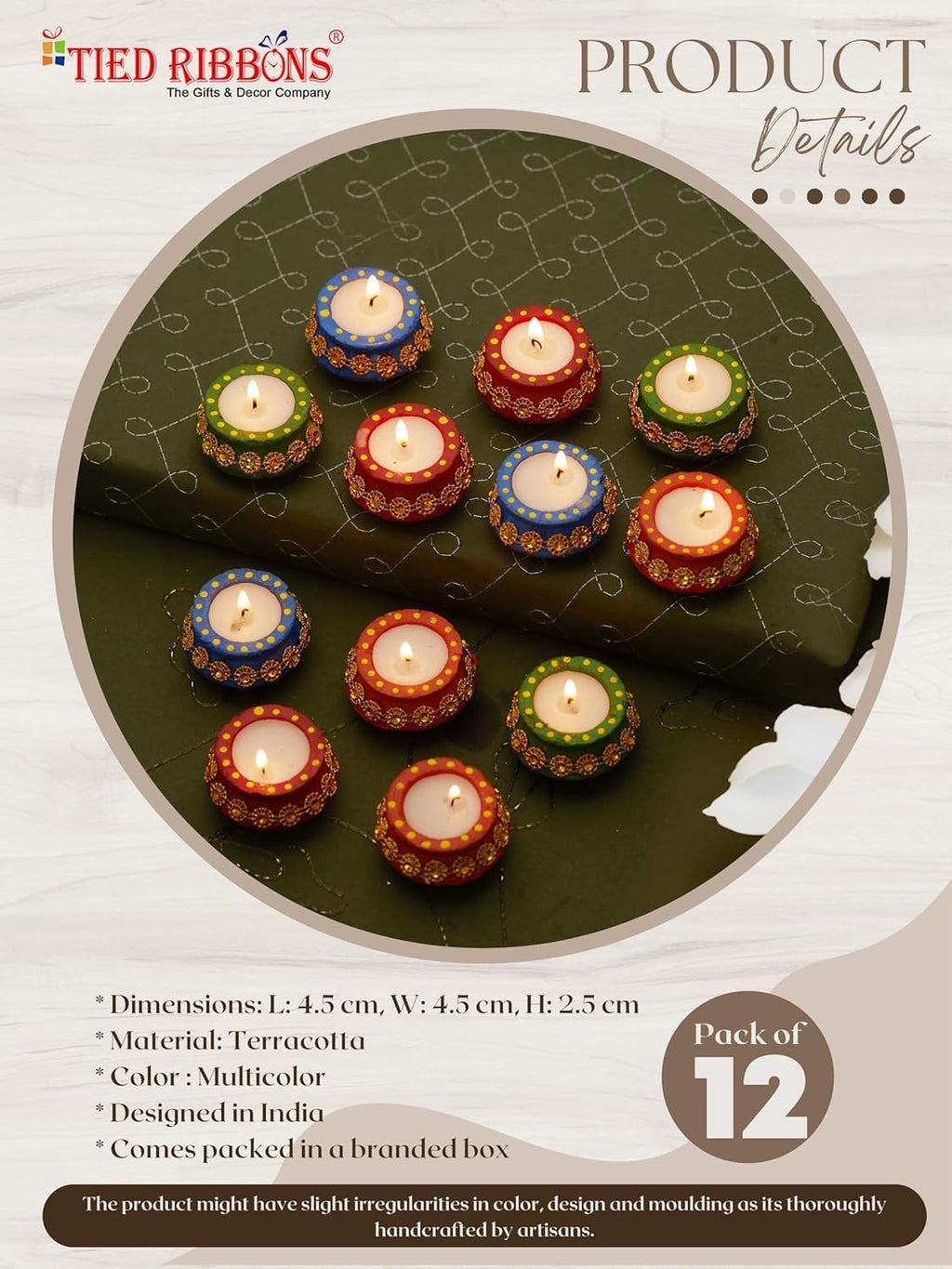 TIED RIBBONS Set of 12 Handmade Clay Wax Filled Diyas Earthen Diya (Multi, 5.3 cm x 2.5 cm) for Diwali Decoration Home Puja Pooja Room Office Mandir Temple Table - Diwali Décor