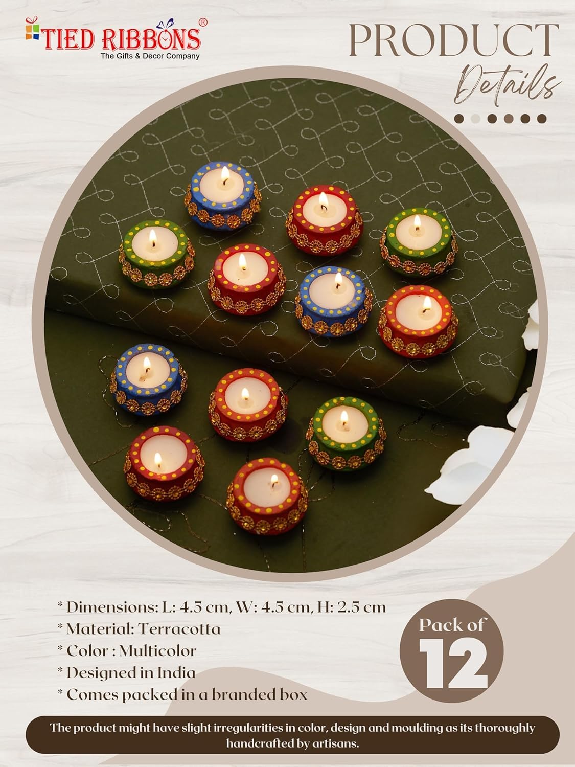 TIED RIBBONS Set of 12 Handmade Clay Wax Filled Diyas Earthen Diya (Multi, 5.3 cm x 2.5 cm) for Diwali Decoration Home Puja Pooja Room Office Mandir Temple Table - Diwali Décor